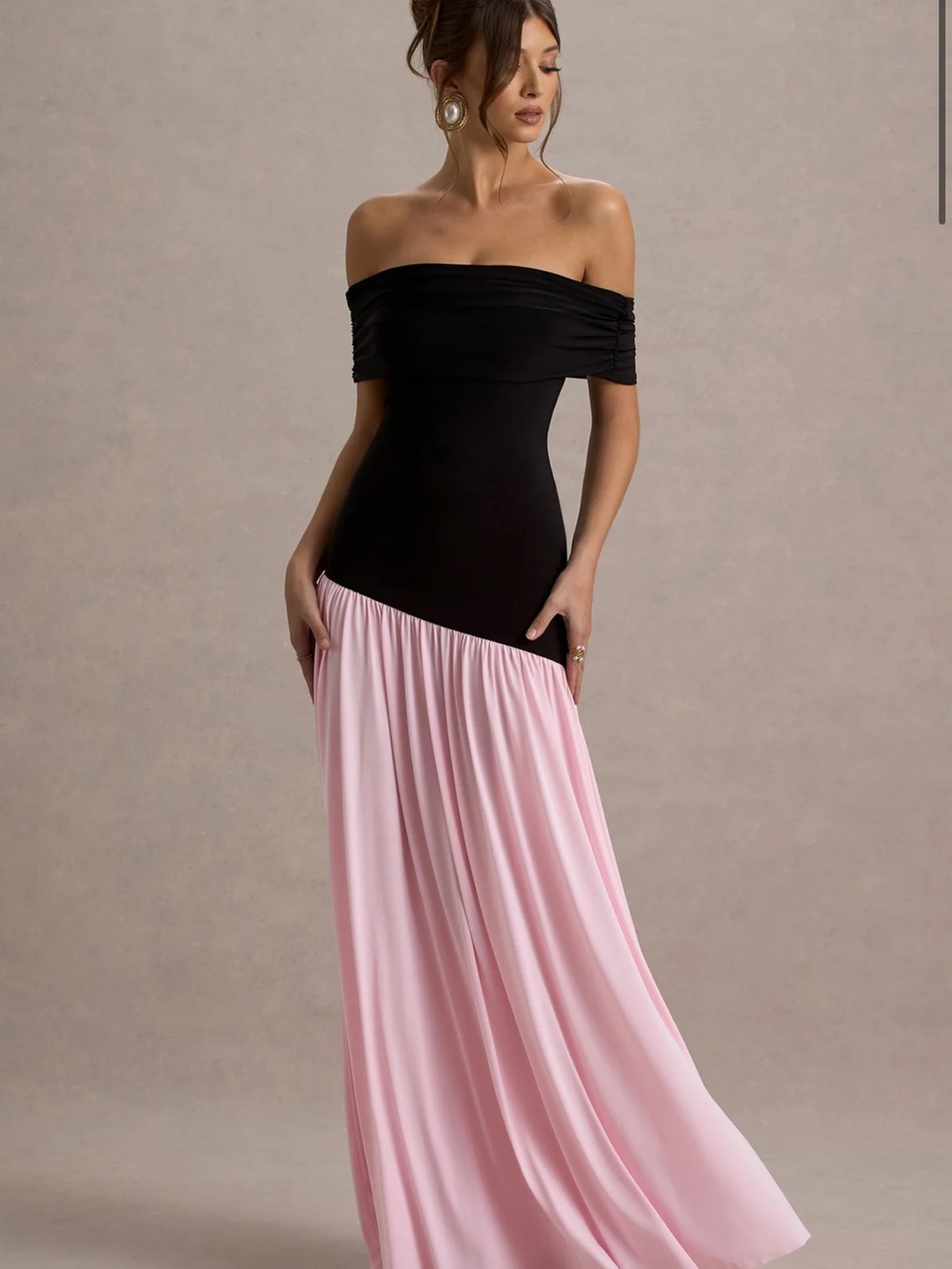 Club L London Black and Pink Off-Shoulder Maxi Dress